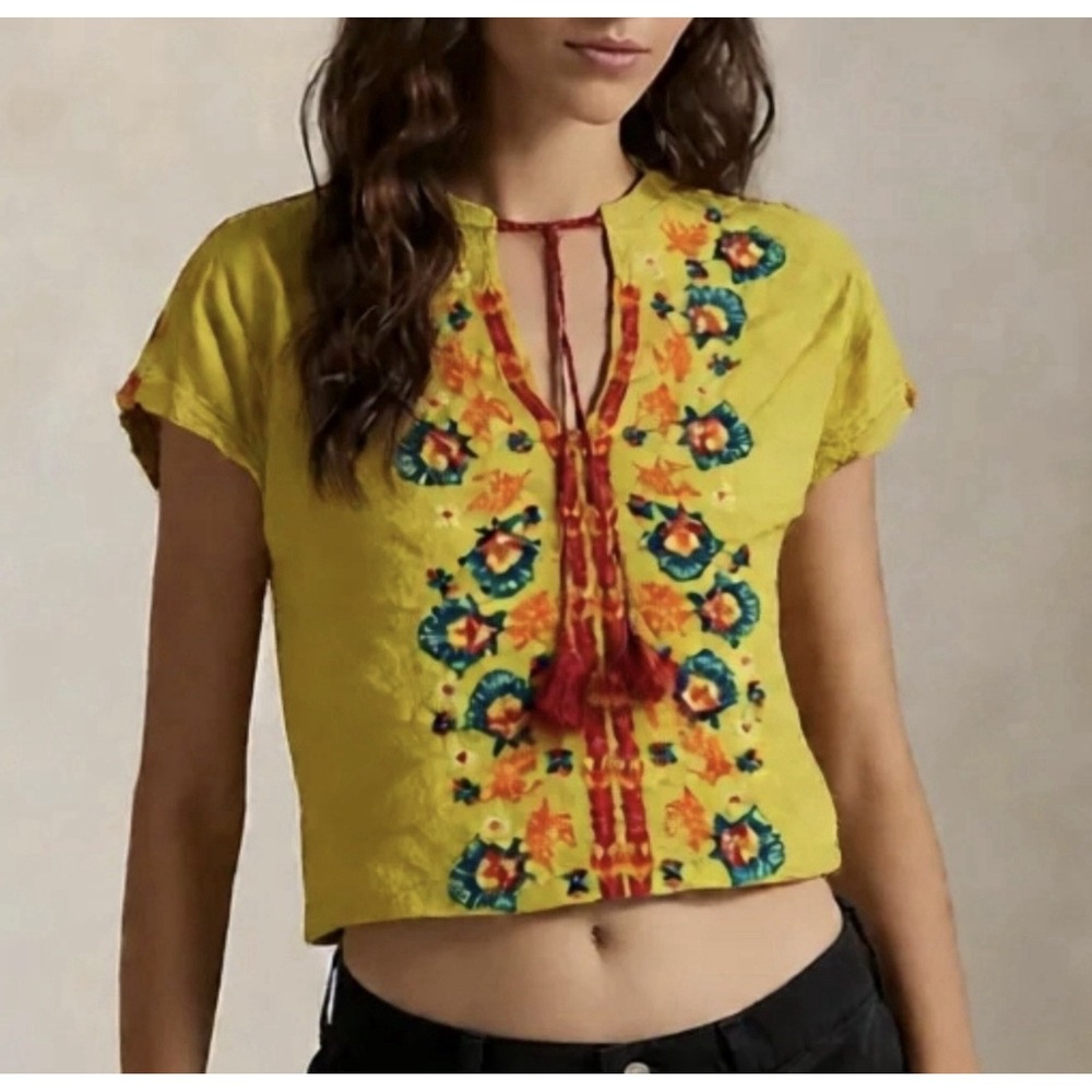 Natural Life Sz M Yellow Colorful Embroidered Tunic Top Boho Festival Artsy Airy